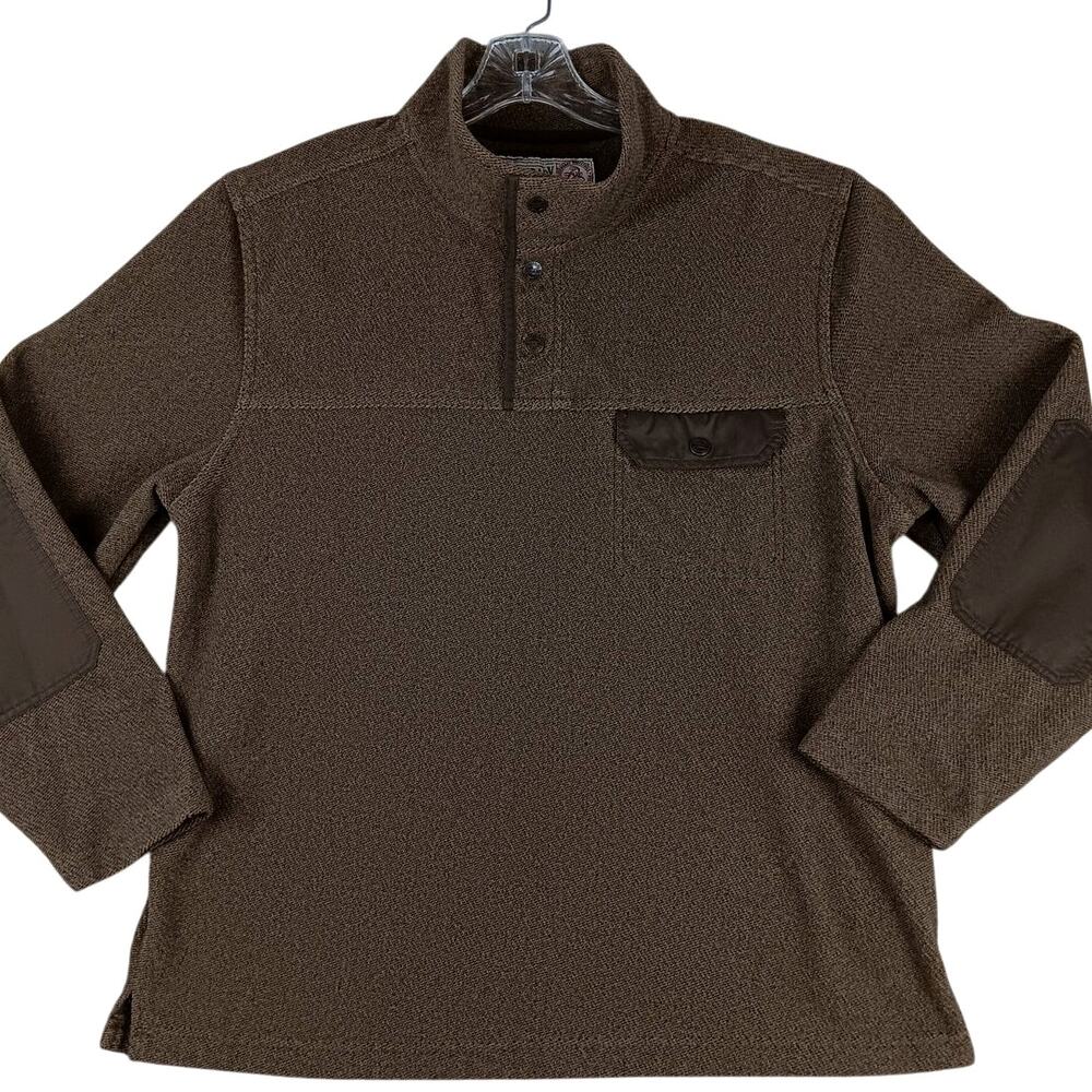 Vintage Legendary Whitetail Henley Sweater Men's‎ L Brown Knit Snap Elbow Patch